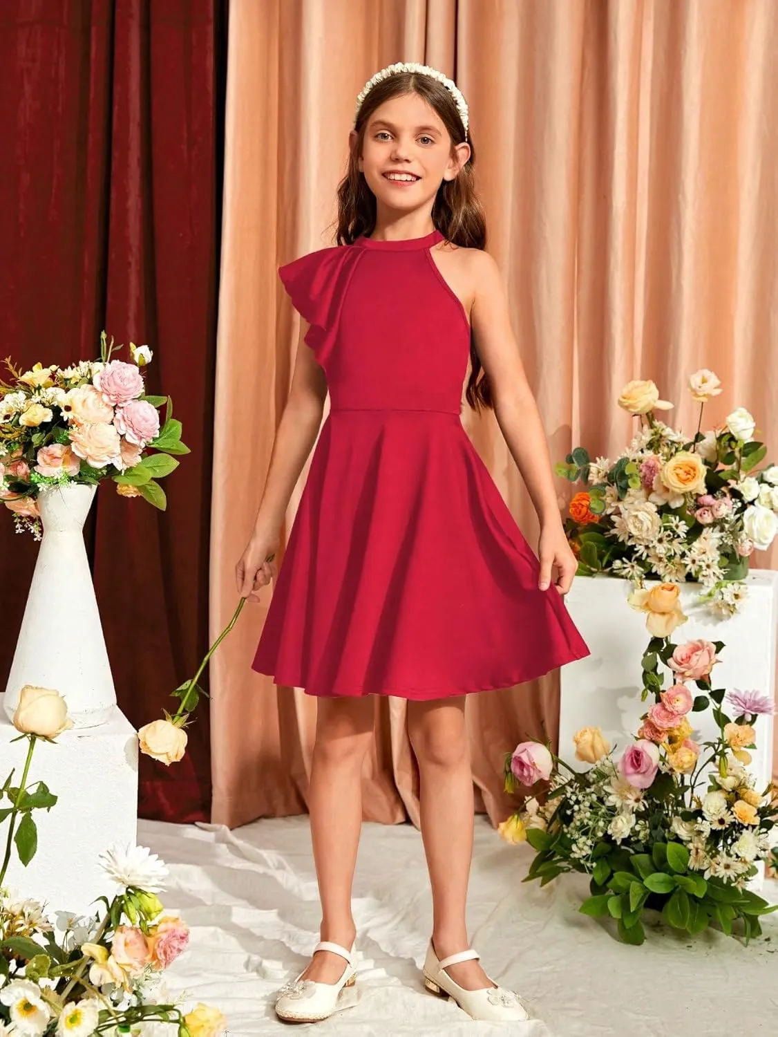 WDIRARA Girl's A Line Flowy Ruffle Sleeveless Asymmetrical Fancy Party Mini Dress