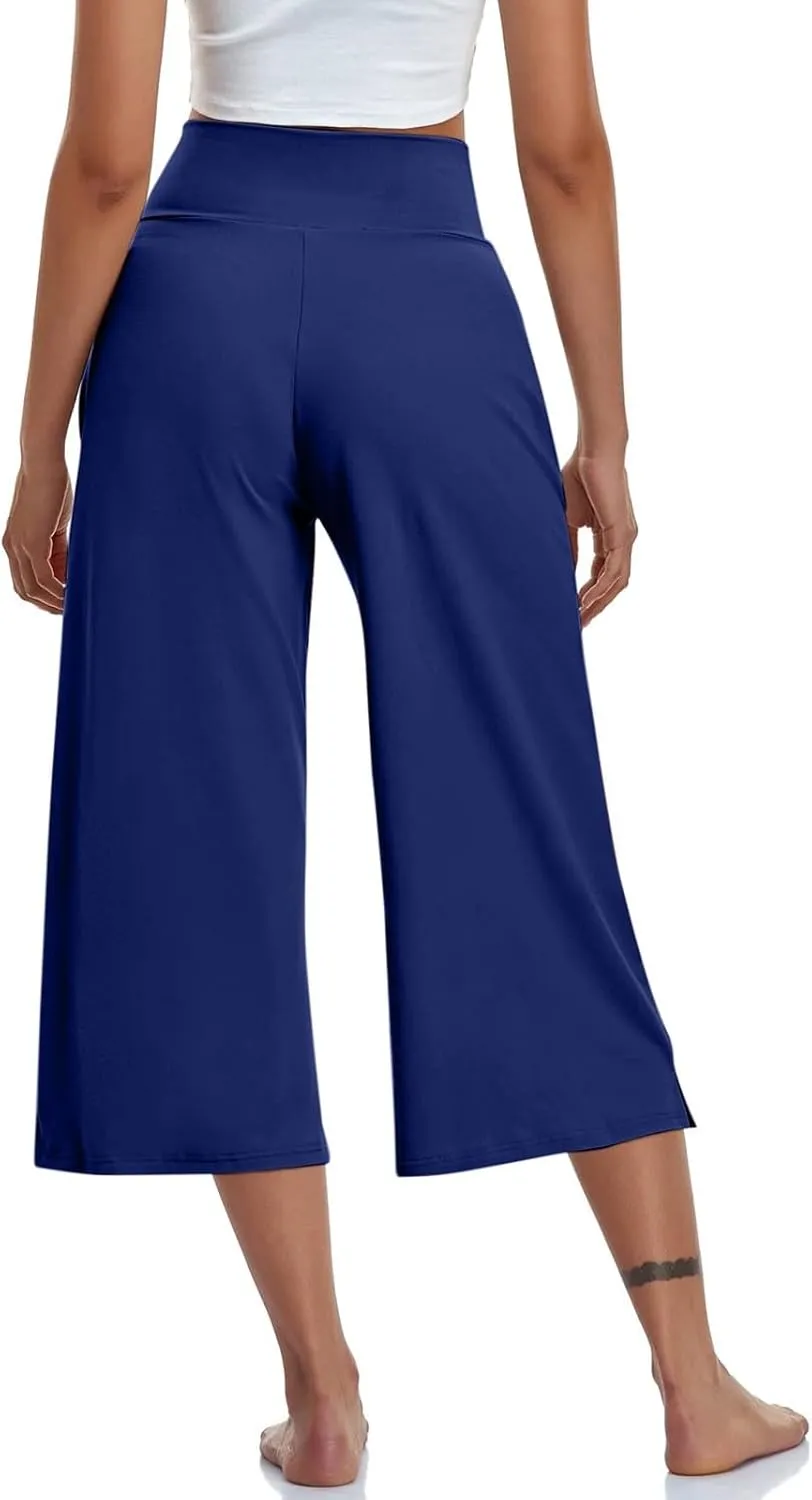 Wide Leg Cropped Pants for Women Drawstring Culottes with Pockets 2025 Summer Gaucho Palazzo Yoga Pants