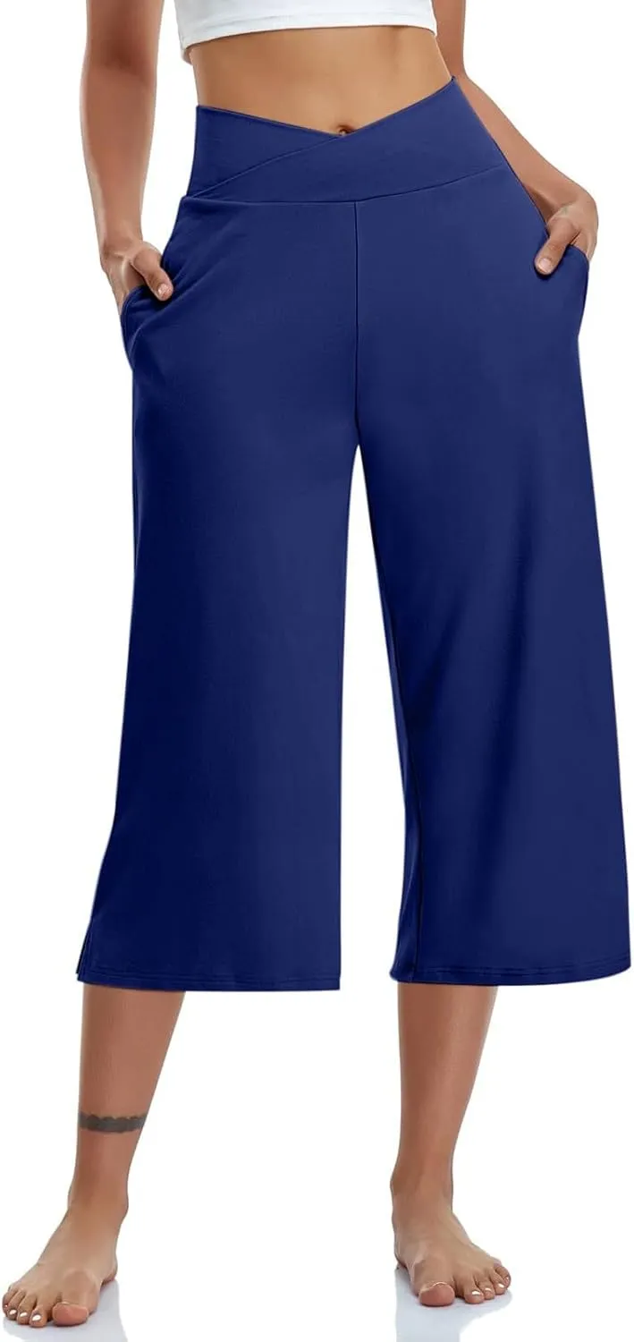 Wide Leg Cropped Pants for Women Drawstring Culottes with Pockets 2025 Summer Gaucho Palazzo Yoga Pants