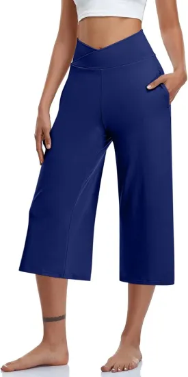 Wide Leg Cropped Pants for Women Drawstring Culottes with Pockets 2025 Summer Gaucho Palazzo Yoga Pants