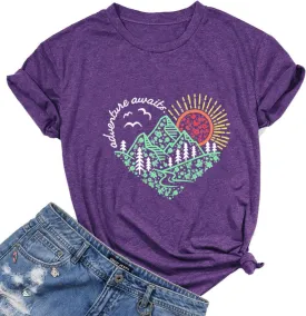 Women Adventure Awaits Outdoor Graphic Tee Shirt Kindness Heart Printed Hike Mountain Nature Travel Shirt Workout Tops