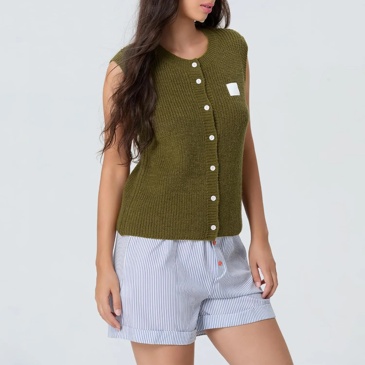 Women Chunky Button Sweater Vest Sleeveless Round Neck Rib Knitted Tank Top Y2k Knitted Cardigan Vest Shirt