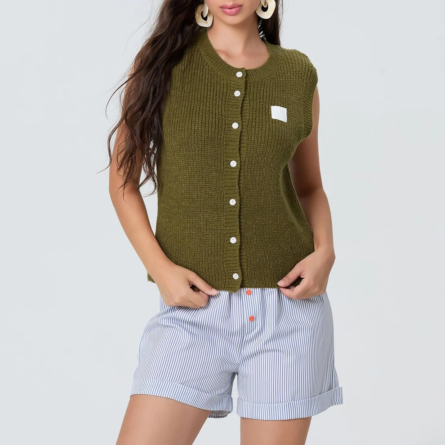 Women Chunky Button Sweater Vest Sleeveless Round Neck Rib Knitted Tank Top Y2k Knitted Cardigan Vest Shirt