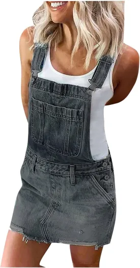 Women Denim Dress Adjustable Strap Distressed Bib Overalls Mini Dresses Summer Sleeveless Casual Dress with Pockets