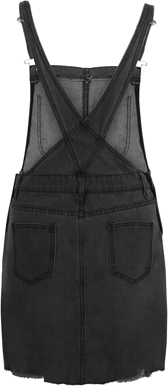 Women Denim Dress Adjustable Strap Distressed Bib Overalls Mini Dresses Summer Sleeveless Casual Dress with Pockets