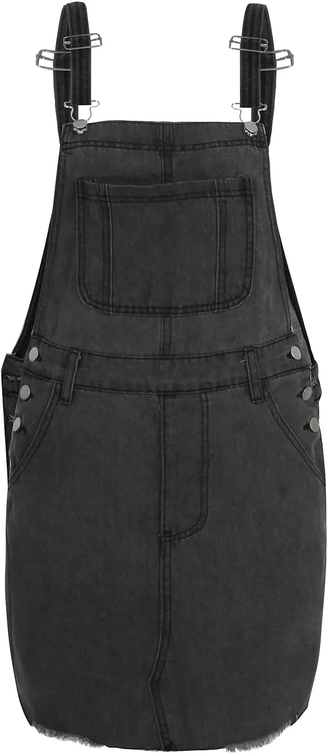 Women Denim Dress Adjustable Strap Distressed Bib Overalls Mini Dresses Summer Sleeveless Casual Dress with Pockets