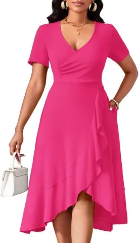 Women Dresses Short Sleeve Semi-Formal Knee Length V Neck Casual Ladies Dress