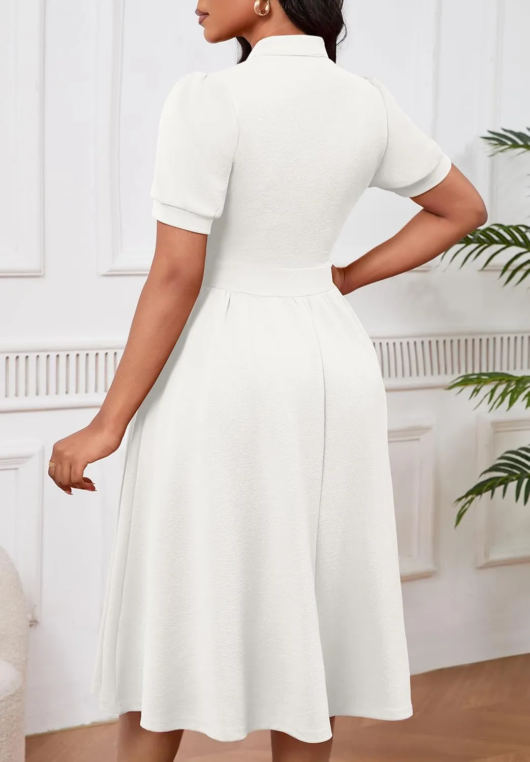 Women Dresses Short Sleeve Semi-Formal Knee Length V Neck Casual Ladies Dress