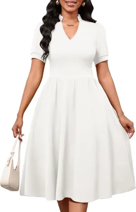 Women Dresses Short Sleeve Semi-Formal Knee Length V Neck Casual Ladies Dress