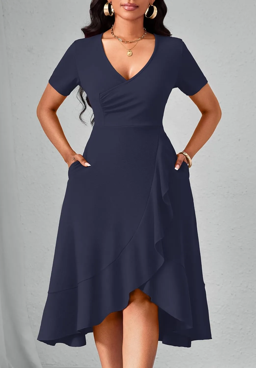 Women Dresses Short Sleeve Semi-Formal Knee Length V Neck Casual Ladies Dress