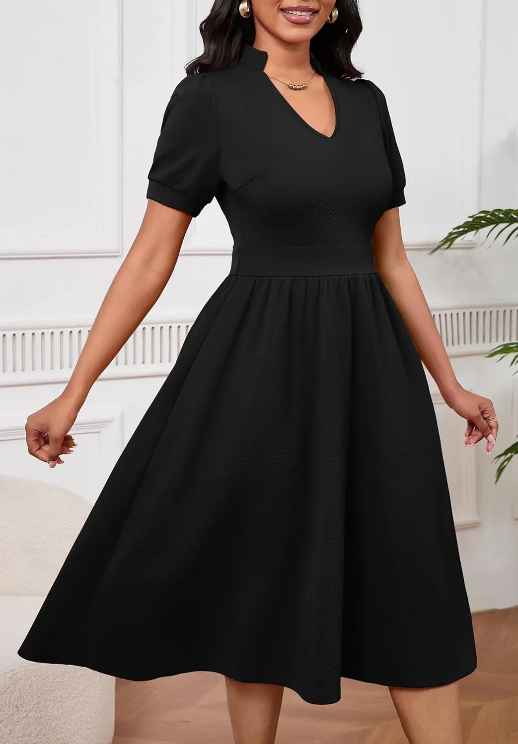 Women Dresses Short Sleeve Semi-Formal Knee Length V Neck Casual Ladies Dress