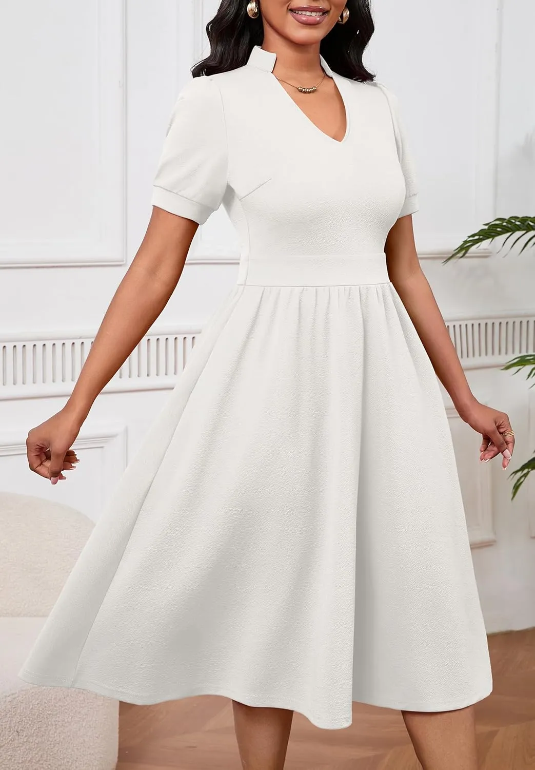 Women Dresses Short Sleeve Semi-Formal Knee Length V Neck Casual Ladies Dress