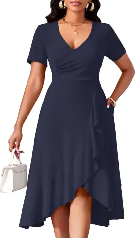 Women Dresses Short Sleeve Semi-Formal Knee Length V Neck Casual Ladies Dress