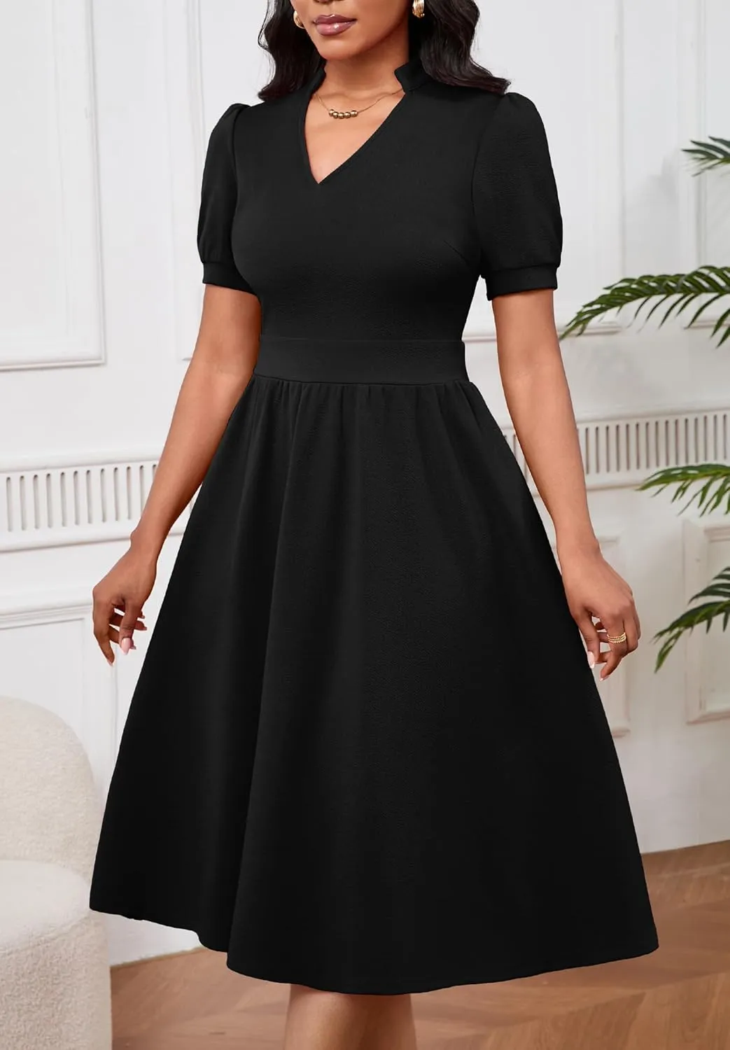 Women Dresses Short Sleeve Semi-Formal Knee Length V Neck Casual Ladies Dress