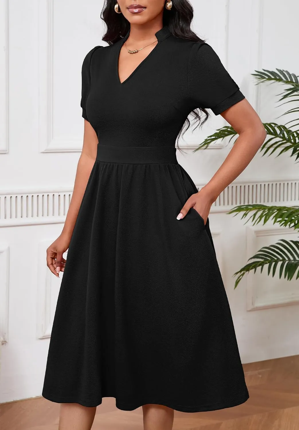 Women Dresses Short Sleeve Semi-Formal Knee Length V Neck Casual Ladies Dress