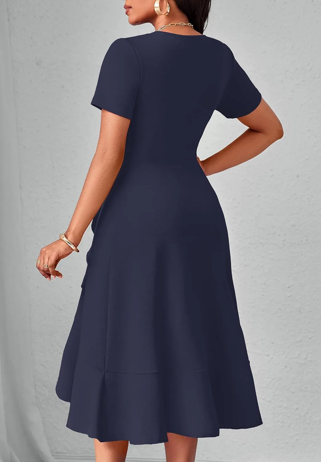 Women Dresses Short Sleeve Semi-Formal Knee Length V Neck Casual Ladies Dress