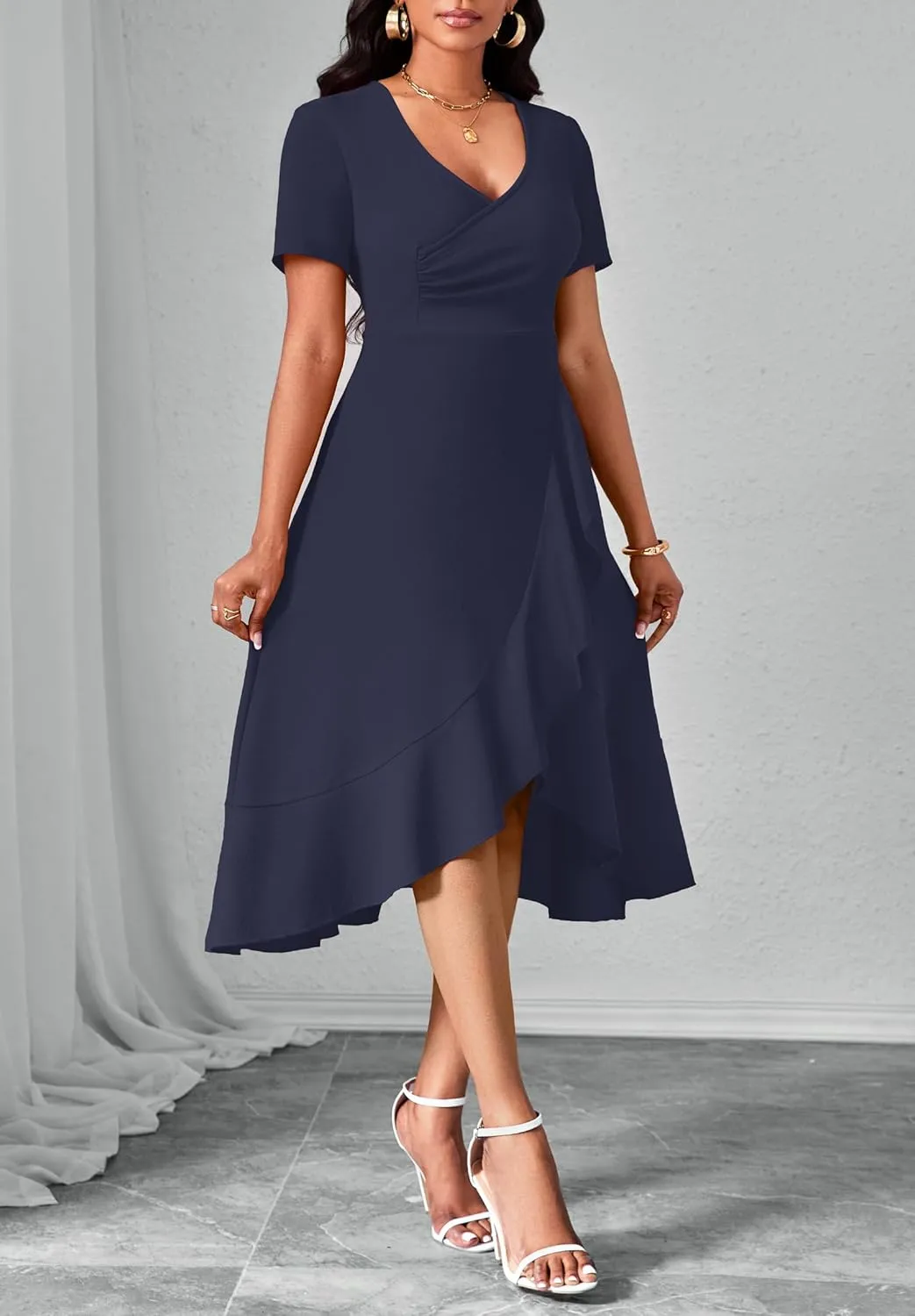 Women Dresses Short Sleeve Semi-Formal Knee Length V Neck Casual Ladies Dress