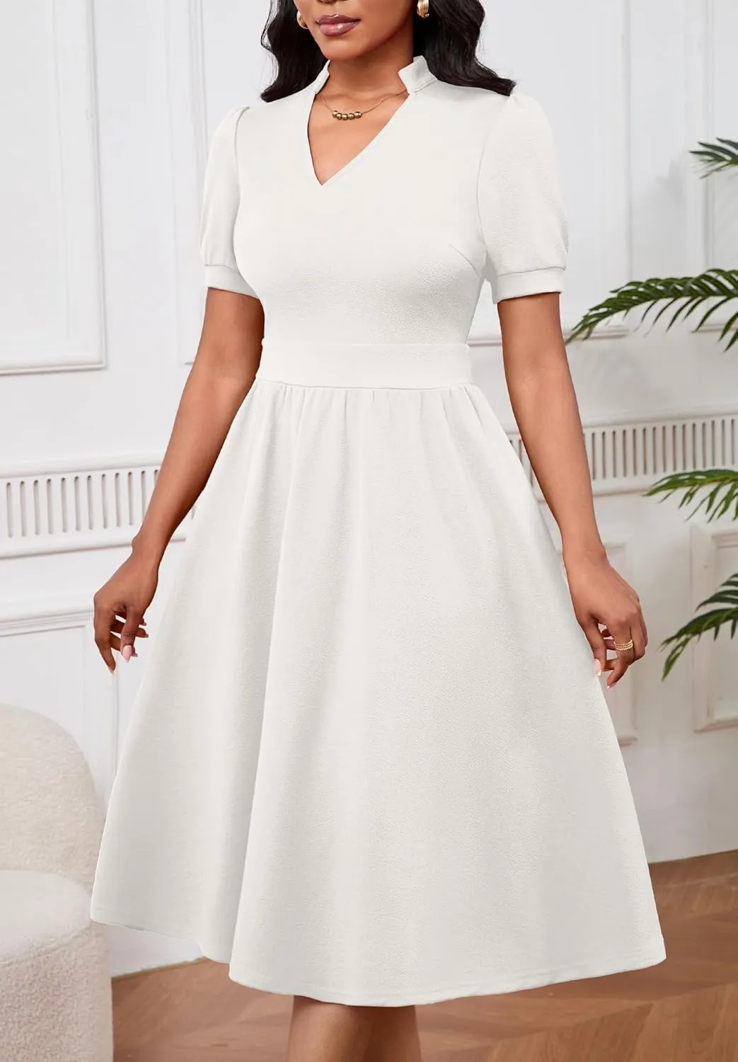 Women Dresses Short Sleeve Semi-Formal Knee Length V Neck Casual Ladies Dress