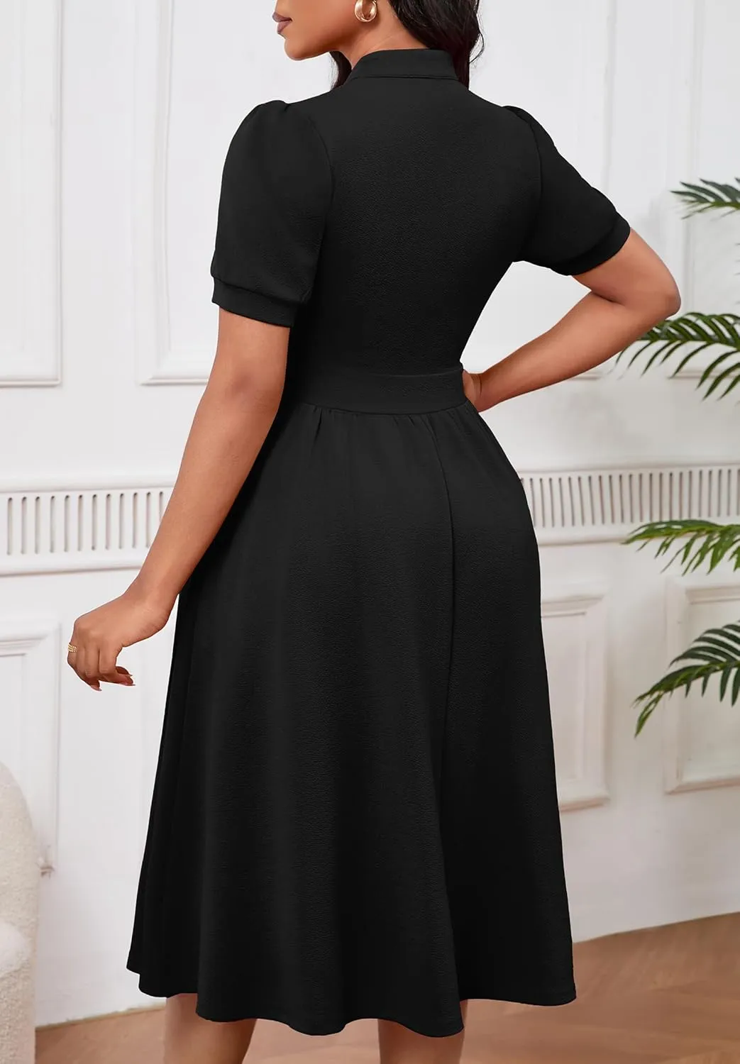 Women Dresses Short Sleeve Semi-Formal Knee Length V Neck Casual Ladies Dress
