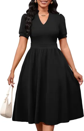 Women Dresses Short Sleeve Semi-Formal Knee Length V Neck Casual Ladies Dress