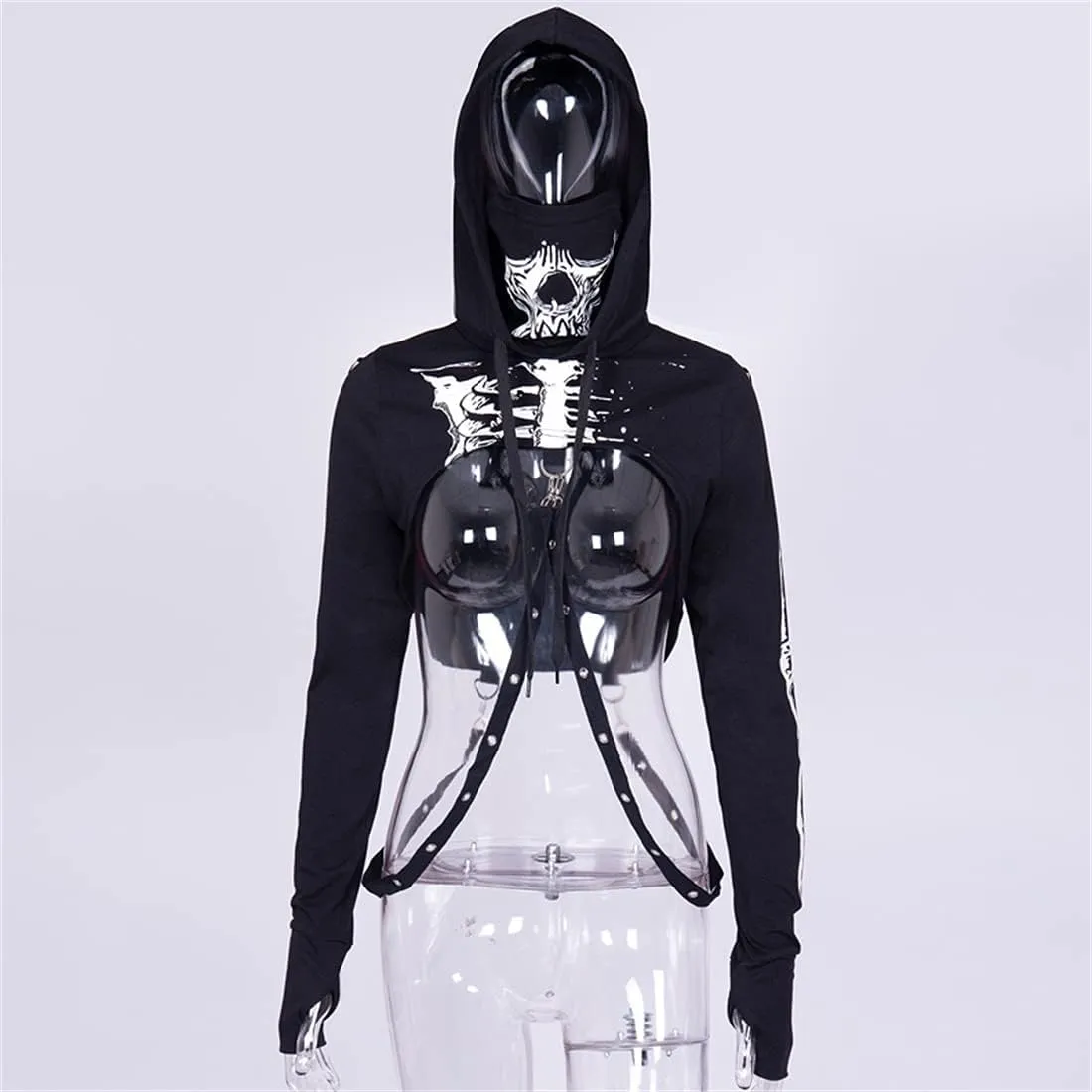 Women Gothic Hooded Top Long Sleeve Black Chain Print Crop Tops E-Girl Harajuku