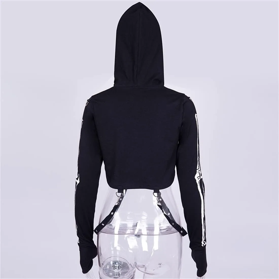 Women Gothic Hooded Top Long Sleeve Black Chain Print Crop Tops E-Girl Harajuku
