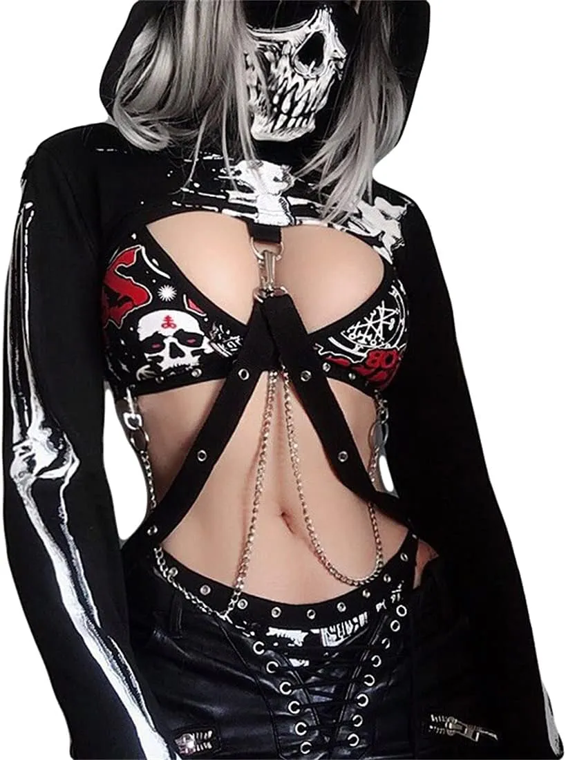 Women Gothic Hooded Top Long Sleeve Black Chain Print Crop Tops E-Girl Harajuku