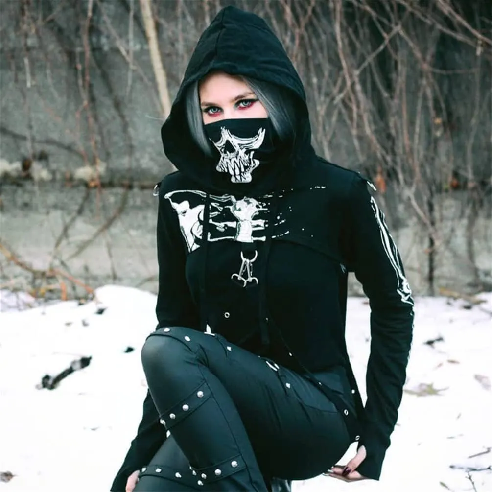 Women Gothic Hooded Top Long Sleeve Black Chain Print Crop Tops E-Girl Harajuku