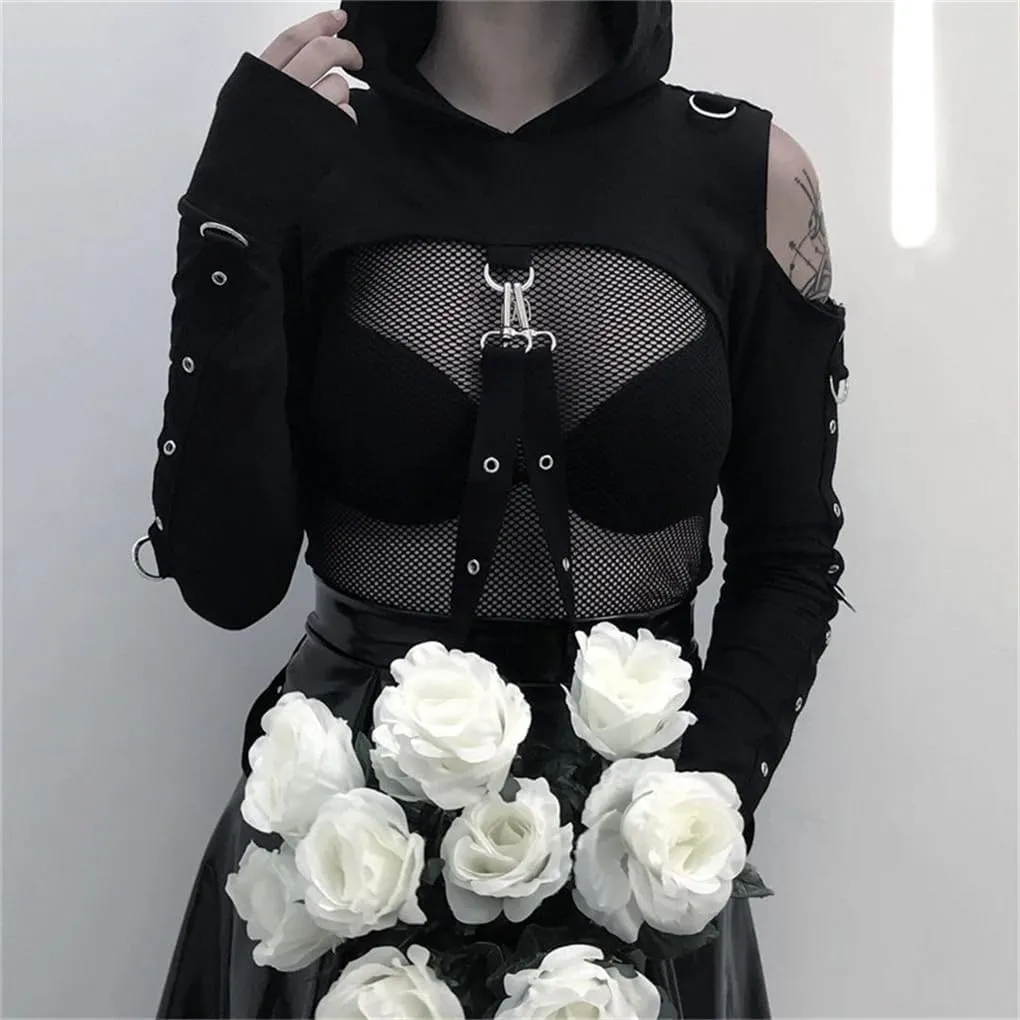 Women Gothic Hooded Top Long Sleeve Black Chain Print Crop Tops E-Girl Harajuku