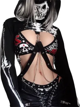 Women Gothic Hooded Top Long Sleeve Black Chain Print Crop Tops E-Girl Harajuku
