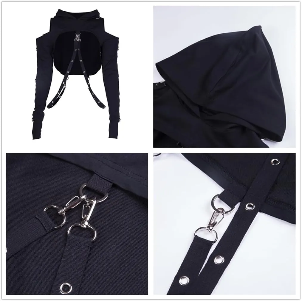 Women Gothic Hooded Top Long Sleeve Black Chain Print Crop Tops E-Girl Harajuku