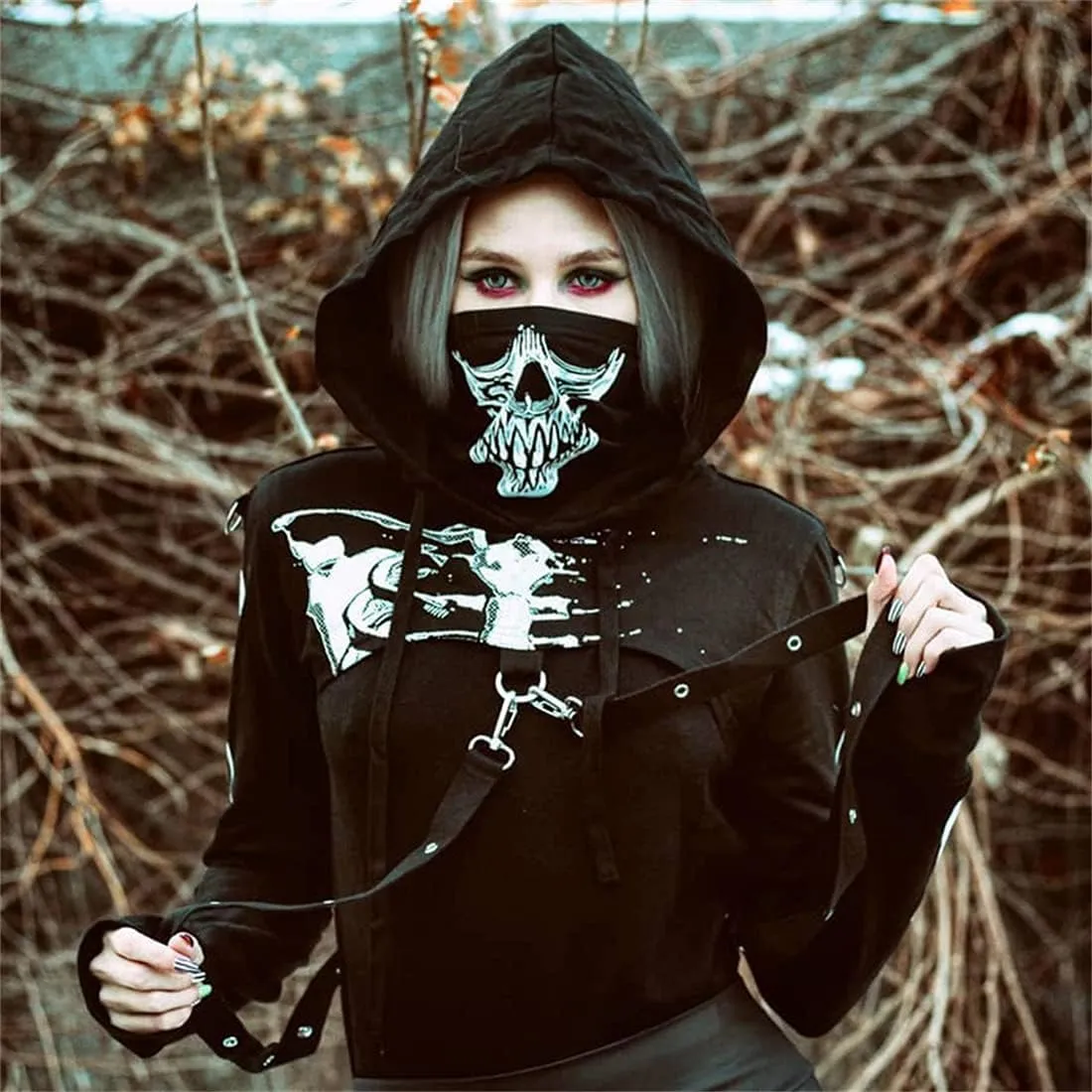 Women Gothic Hooded Top Long Sleeve Black Chain Print Crop Tops E-Girl Harajuku