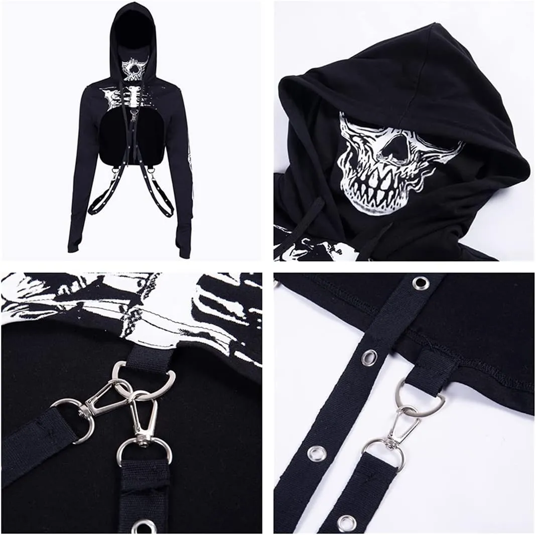 Women Gothic Hooded Top Long Sleeve Black Chain Print Crop Tops E-Girl Harajuku