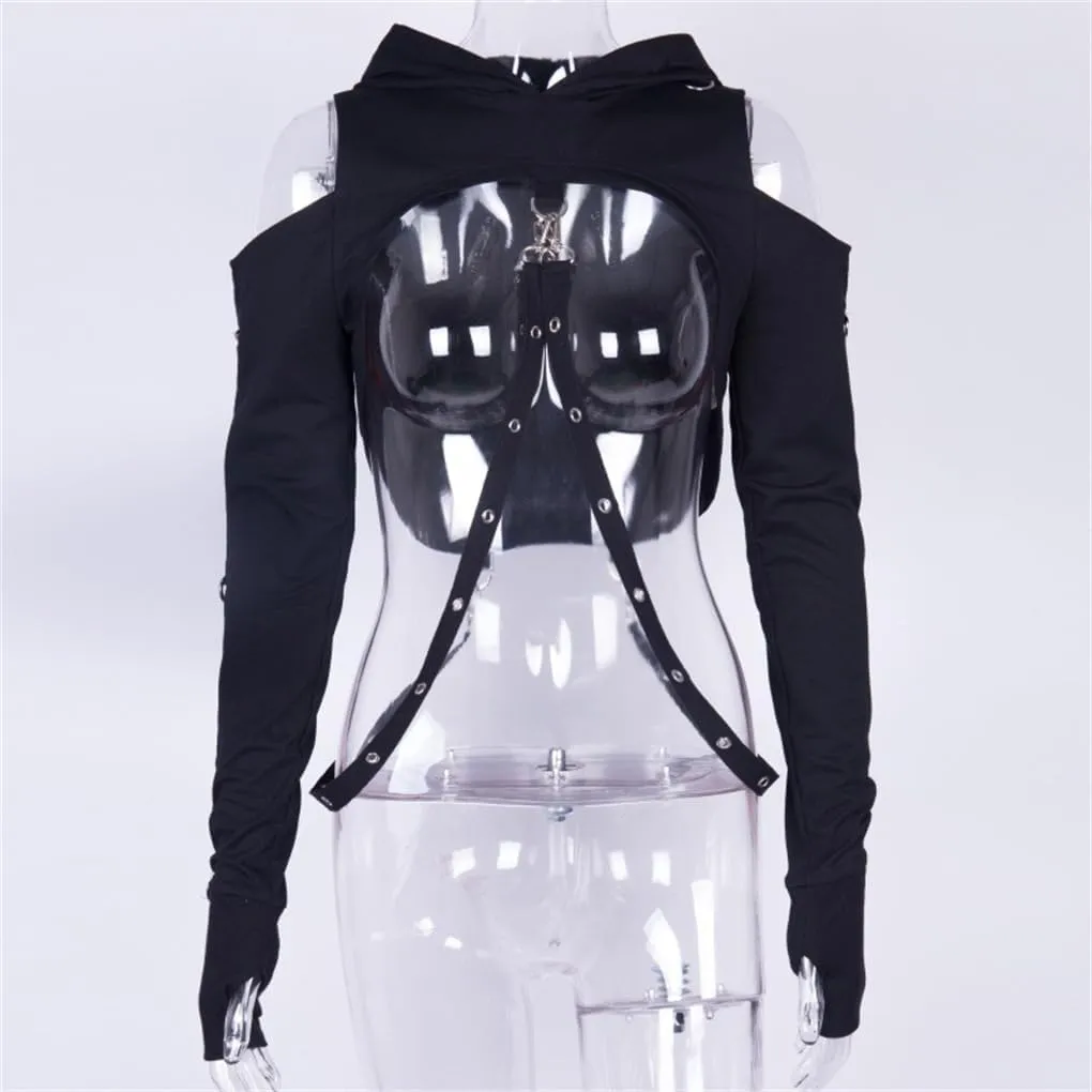 Women Gothic Hooded Top Long Sleeve Black Chain Print Crop Tops E-Girl Harajuku