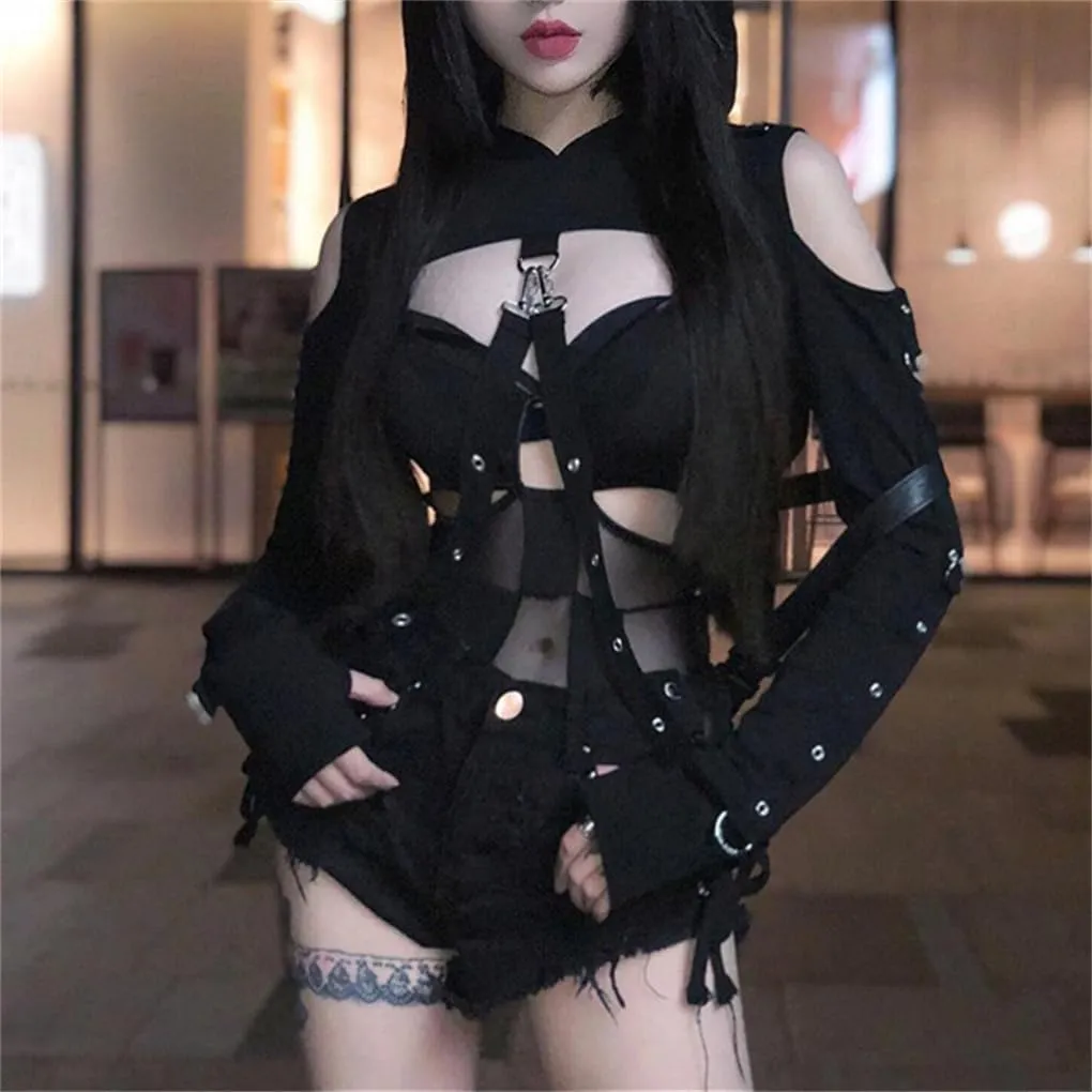 Women Gothic Hooded Top Long Sleeve Black Chain Print Crop Tops E-Girl Harajuku