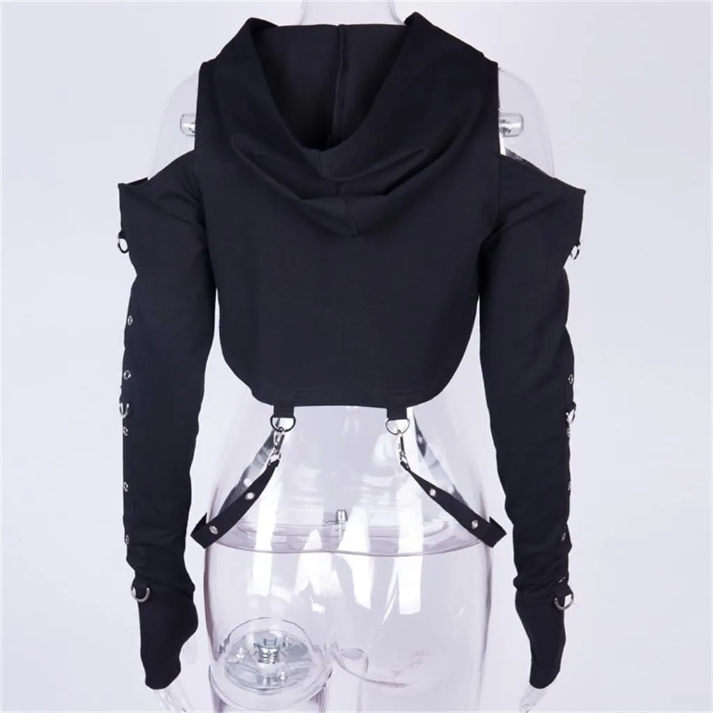 Women Gothic Hooded Top Long Sleeve Black Chain Print Crop Tops E-Girl Harajuku