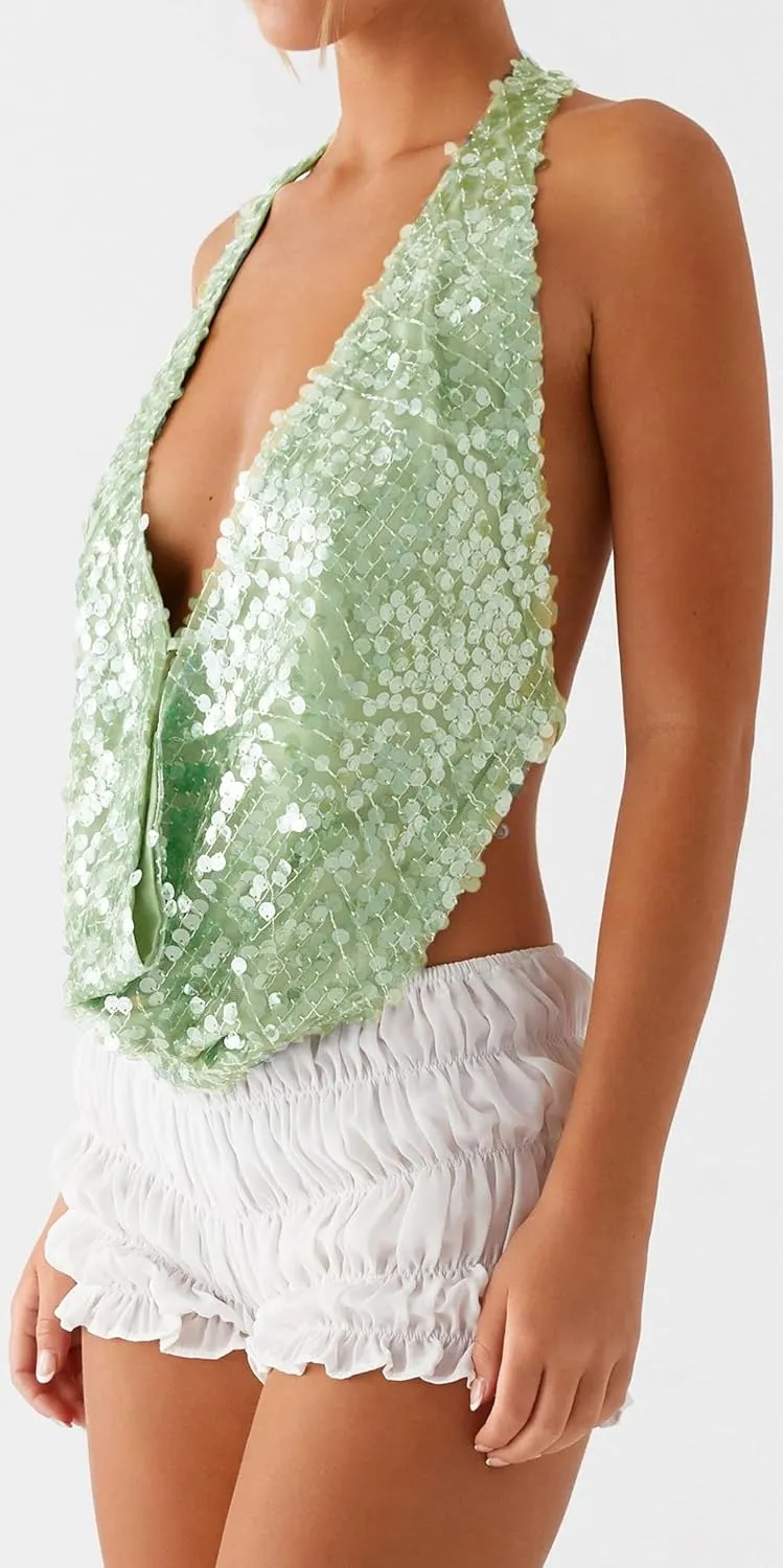 Women Sequin Beaded Halter Cami Top Low Cut Cowl Neck Sleeveless Sparkly Tank Top Y2k Backless Glitter Party Tops