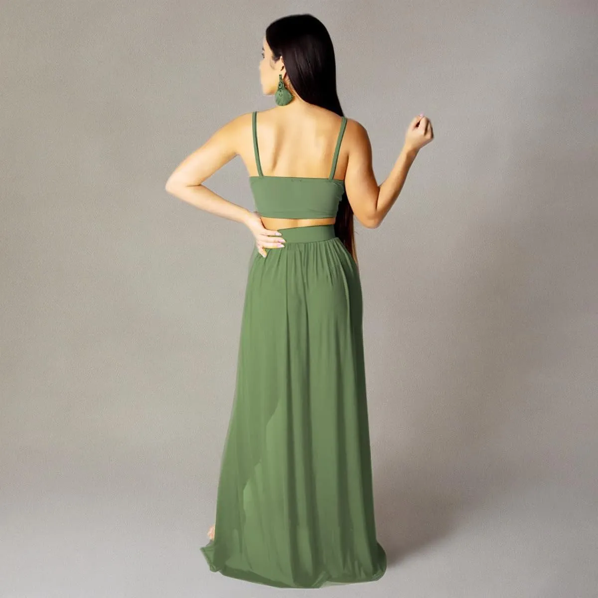 Women Sexy 2 Piece Outfits Dress Chiffon Strap Deep V Neck Bra Crop Top High Split Maxi Dresses Skirt Set