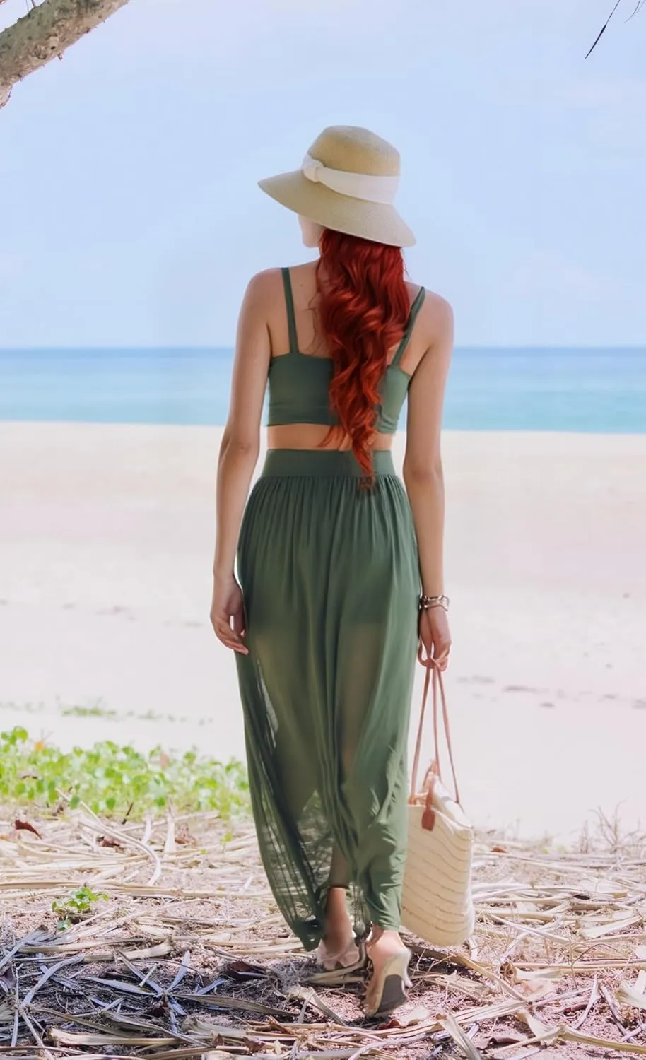 Women Sexy 2 Piece Outfits Dress Chiffon Strap Deep V Neck Bra Crop Top High Split Maxi Dresses Skirt Set
