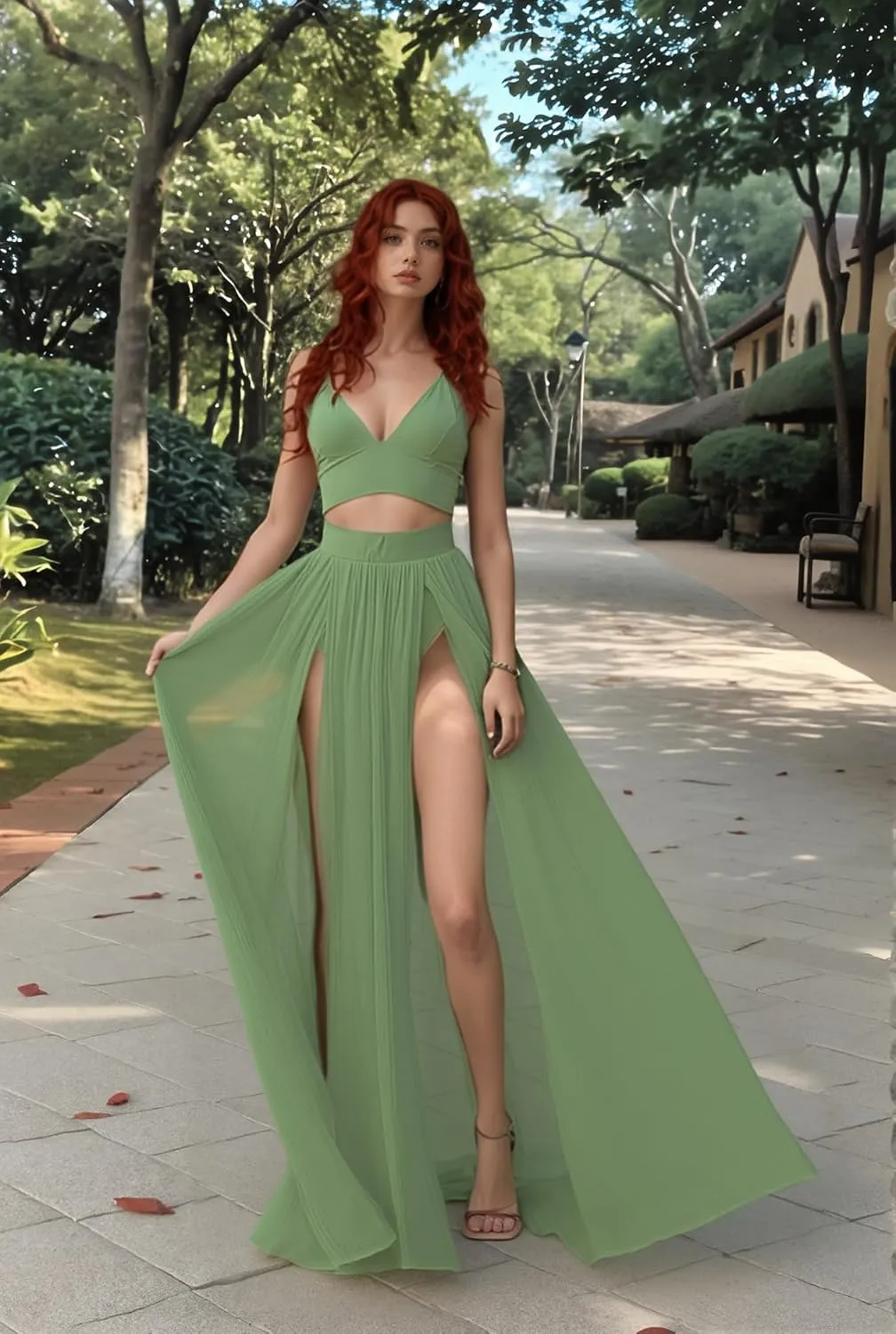 Women Sexy 2 Piece Outfits Dress Chiffon Strap Deep V Neck Bra Crop Top High Split Maxi Dresses Skirt Set