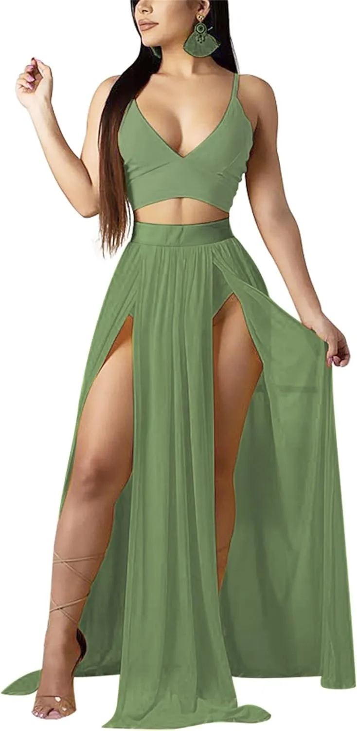 Women Sexy 2 Piece Outfits Dress Chiffon Strap Deep V Neck Bra Crop Top High Split Maxi Dresses Skirt Set