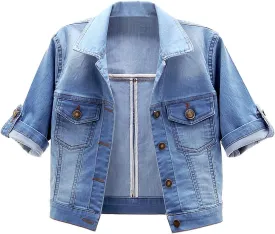 Women Short Sleeve Denim Jacket Button Down Shawl Stretch Denim Jean Jacket