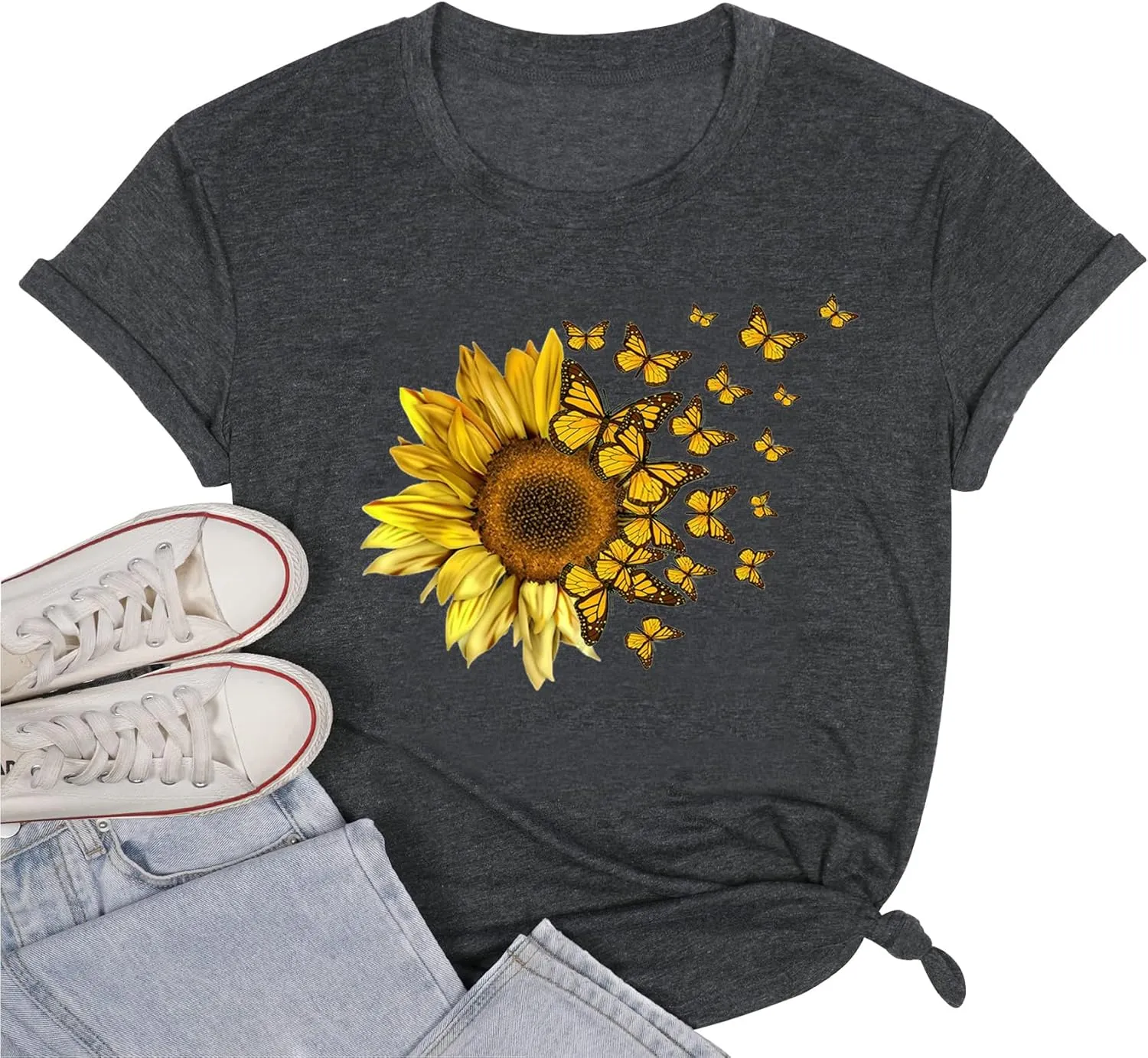 Women Sunflower Butterfly Shirts Boho Flower Print Tshirt Graphic Summer Short Sleeve Tees Casual Crewneck Tops