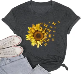 Women Sunflower Butterfly Shirts Boho Flower Print Tshirt Graphic Summer Short Sleeve Tees Casual Crewneck Tops