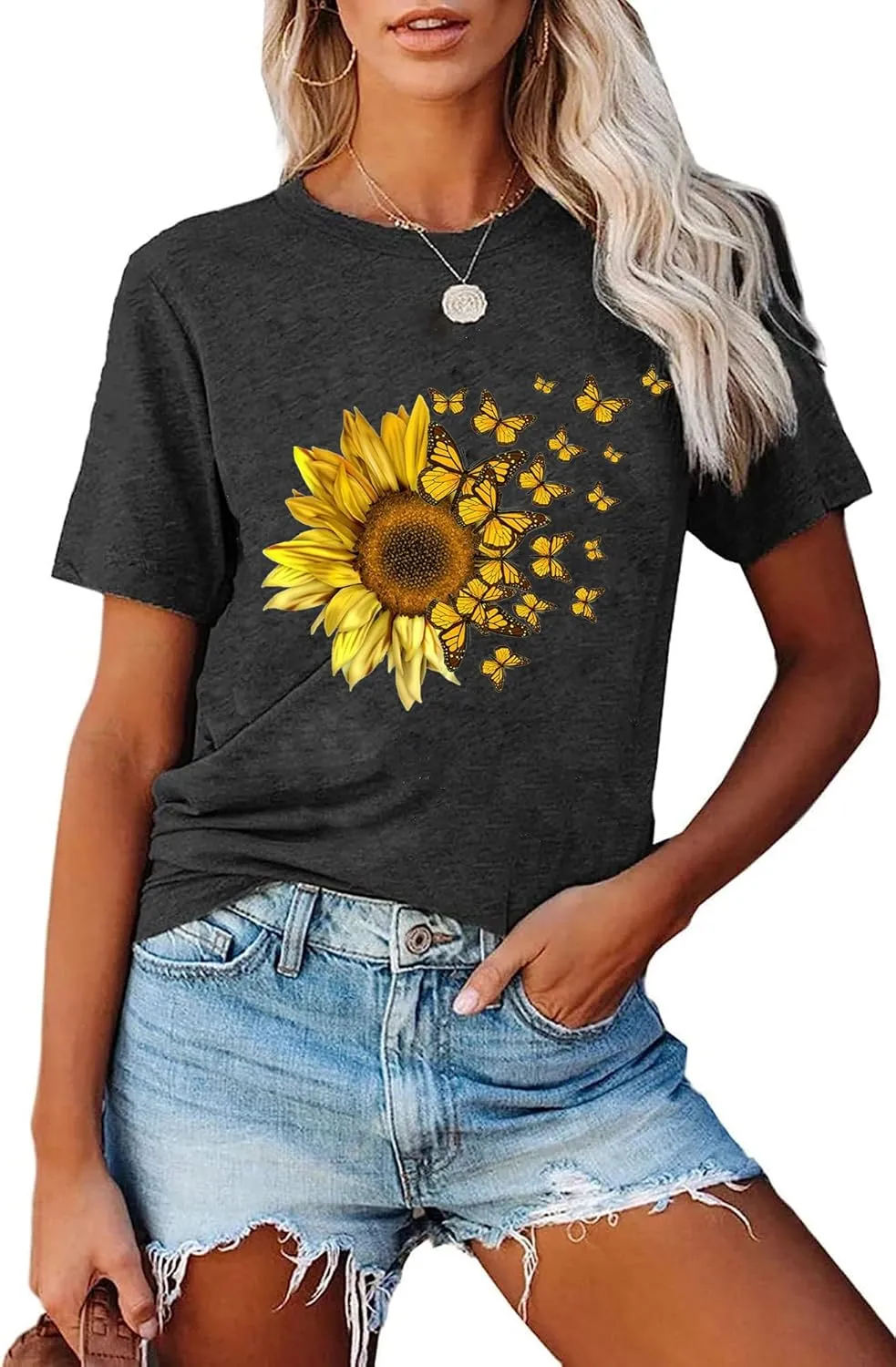 Women Sunflower Butterfly Shirts Boho Flower Print Tshirt Graphic Summer Short Sleeve Tees Casual Crewneck Tops
