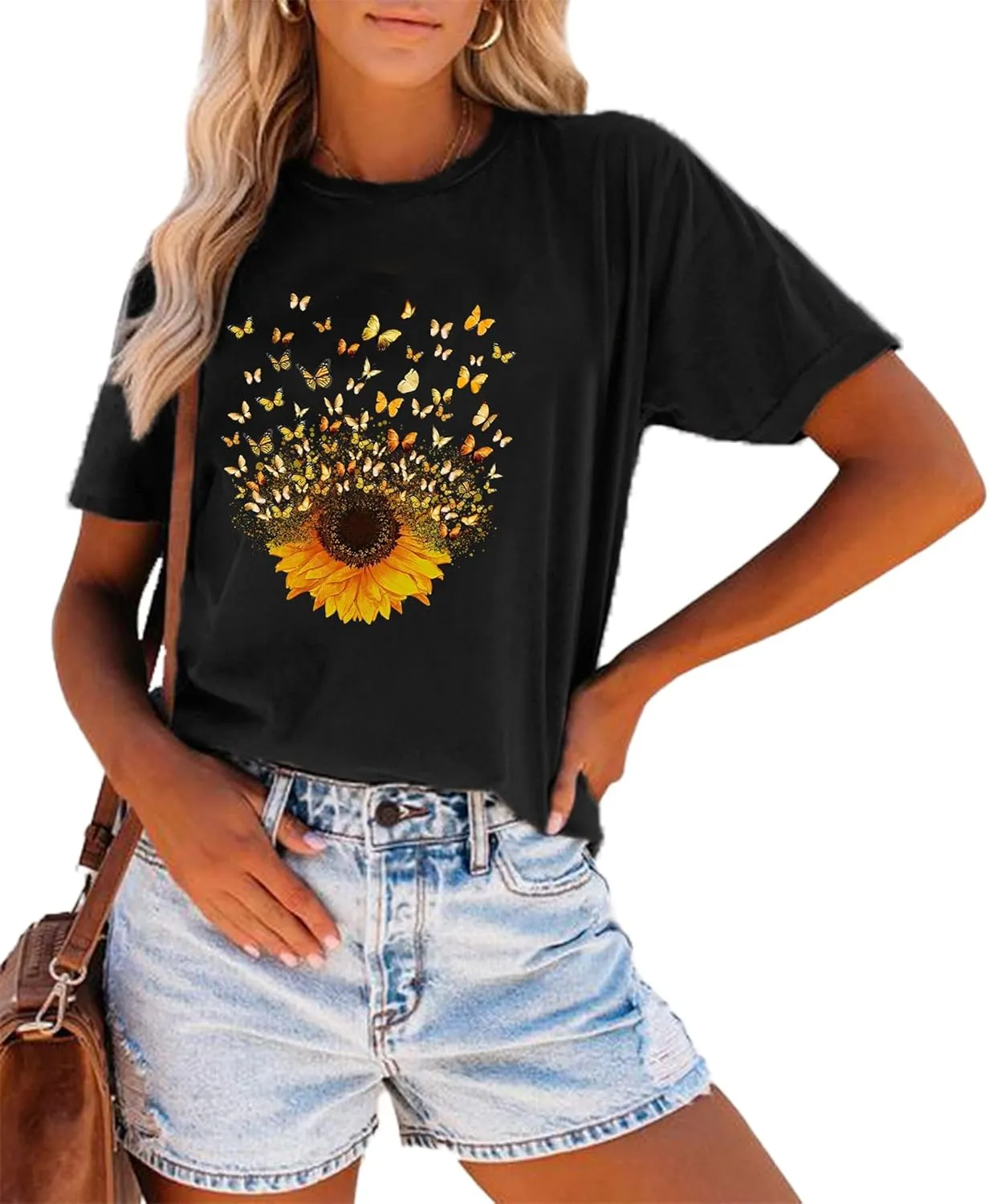 Women Sunflower Butterfly Shirts Boho Flower Print Tshirt Graphic Summer Short Sleeve Tees Casual Crewneck Tops