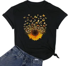 Women Sunflower Butterfly Shirts Boho Flower Print Tshirt Graphic Summer Short Sleeve Tees Casual Crewneck Tops