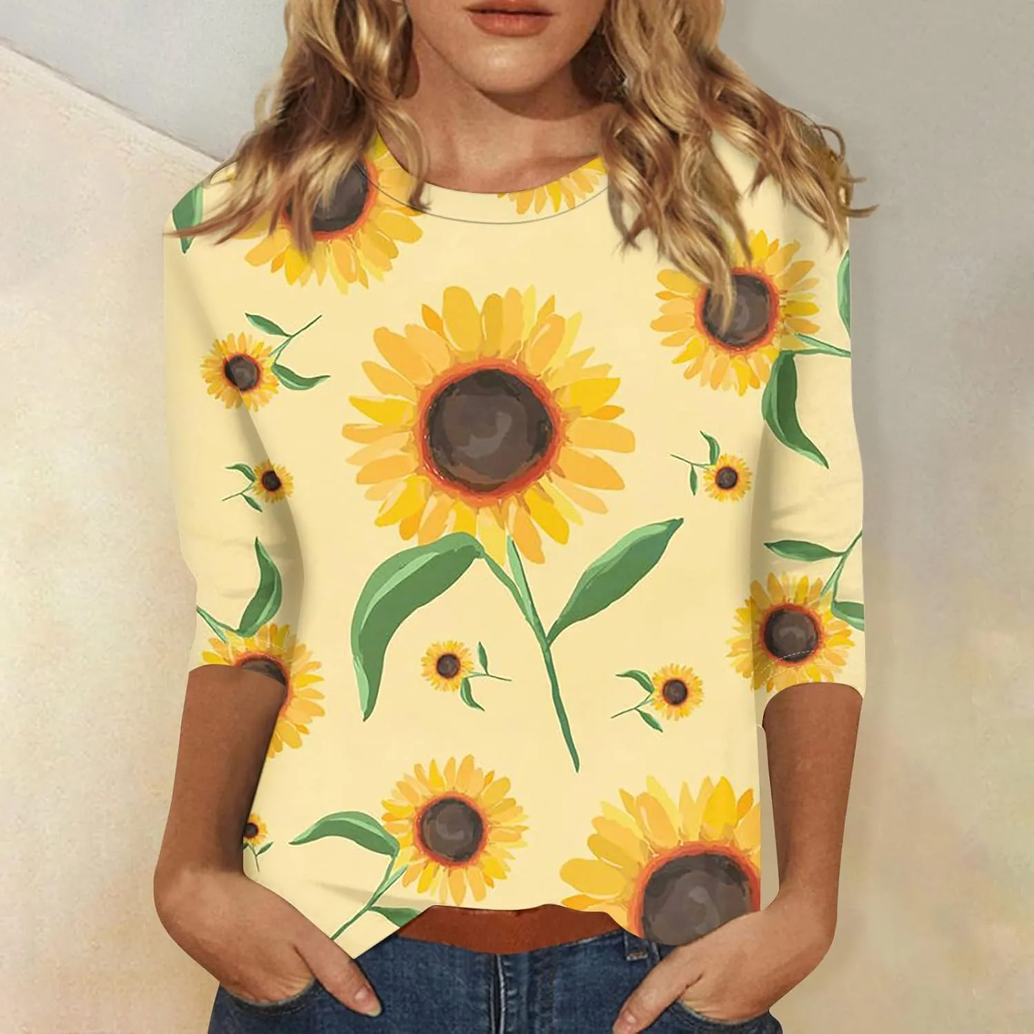 Women Tops Women's Casual 3/4 Length Sleeve Tunic Tops Casual Sunflower Print Loose Blouse Shirts with Leggings