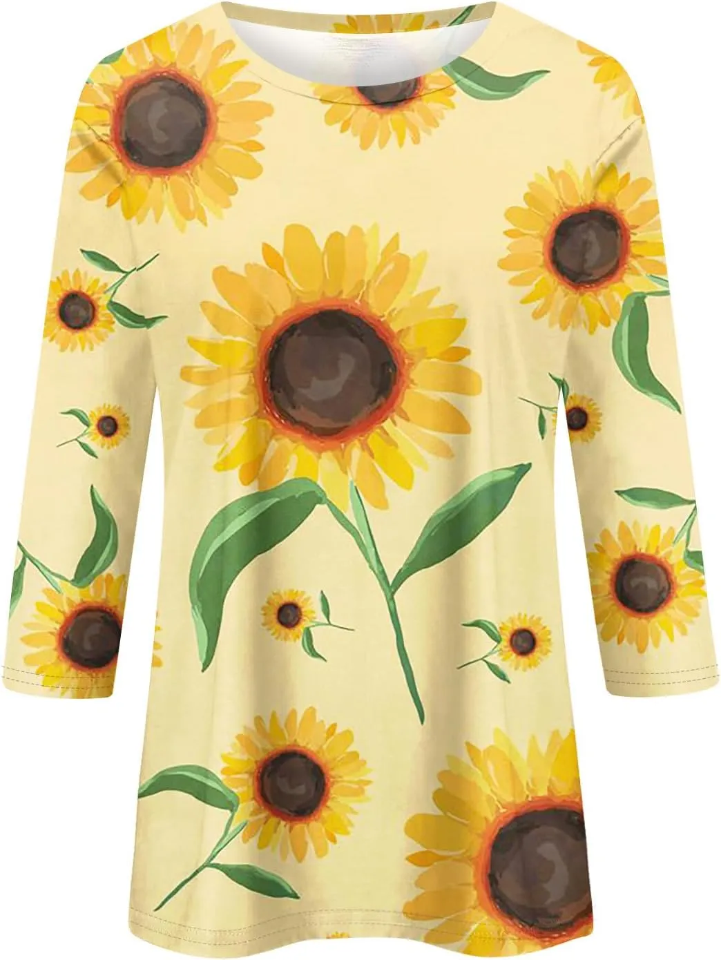 Women Tops Women's Casual 3/4 Length Sleeve Tunic Tops Casual Sunflower Print Loose Blouse Shirts with Leggings