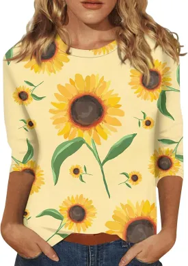 Women Tops Women's Casual 3/4 Length Sleeve Tunic Tops Casual Sunflower Print Loose Blouse Shirts with Leggings